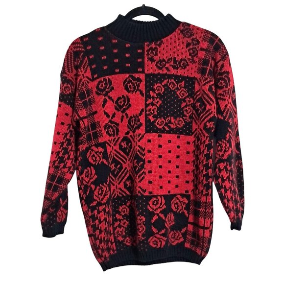 Separate Issue Sweaters - Vintage 80s Floral Sweater Womens S Red & Black Patchwork by Separate Issue